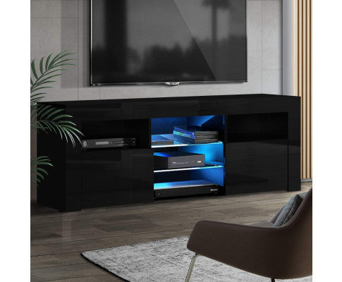 HAMILTON TV CABINET ENTERTAINMENT UNIT WITH RGB LED - 600(H) X 1600(W) X 350(D) - HIGH GLOSS BLACK