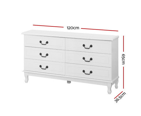 ALEXIS 6 DRAWER DRESSING TABLE / LOWBOY - 650(H) x 1200(W) x 365(D) - WHITE