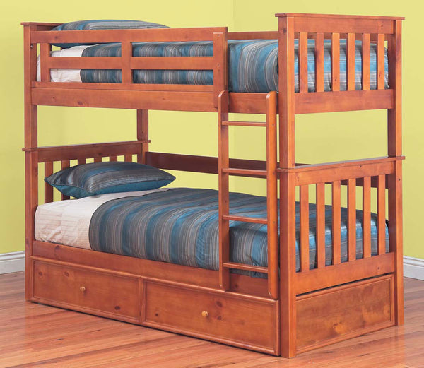 SINGLE AWESOME (MODEL 6-15-18-20-5) BUNK BED - INCLUDES RANCH SINGLE MATCHING STORAGE TRUNDLE BED - TEAK - INCLUDING PROMO LINEN PACKAGE - VALUED AT $800