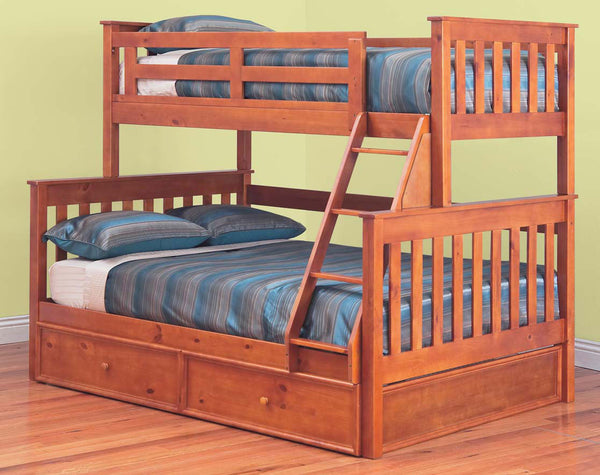 AWESOME (MODEL:6-15-18-20-5) SINGLE OVER DOUBLE (TRIO) BUNK BED WITH MATCHING SINGLE STORAGE TRUNDLE BED - TEAK