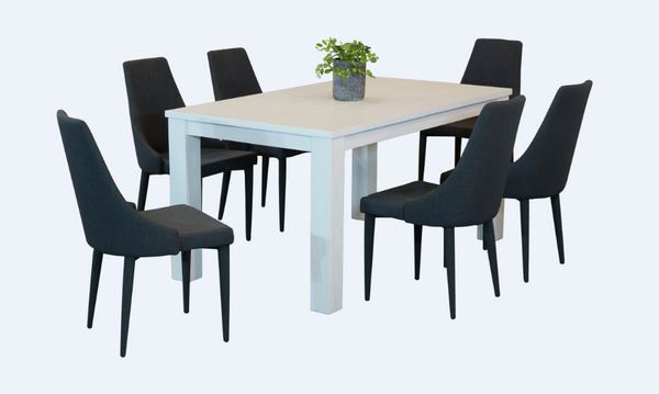 FRENCH COAST 7 PIECE DINING SET- WITH 1600(L) X 900(W) TABLE AND ALISON CHAIRS -BRUSHED WHITE + CHARCOAL