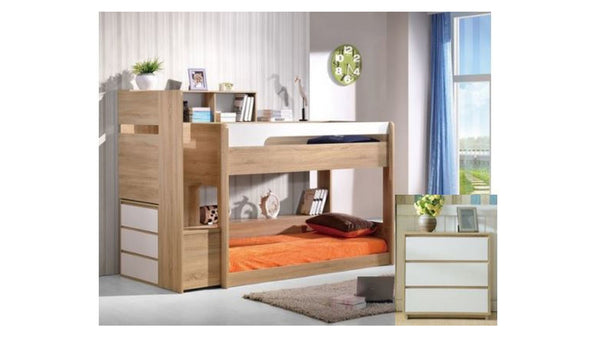 SINGLE OVER SINGLE GETTY BUNK BED WITH MATCHING 3 DRAWER LOWBOY - VINTAGE OAK