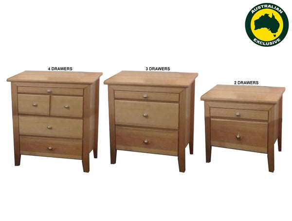 GLADSTONE (AUSSIE MADE) BEDSIDE TABLE COLLECTION - TASSIE OAK COMBINATION - ASSORTED STAINED COLOURS