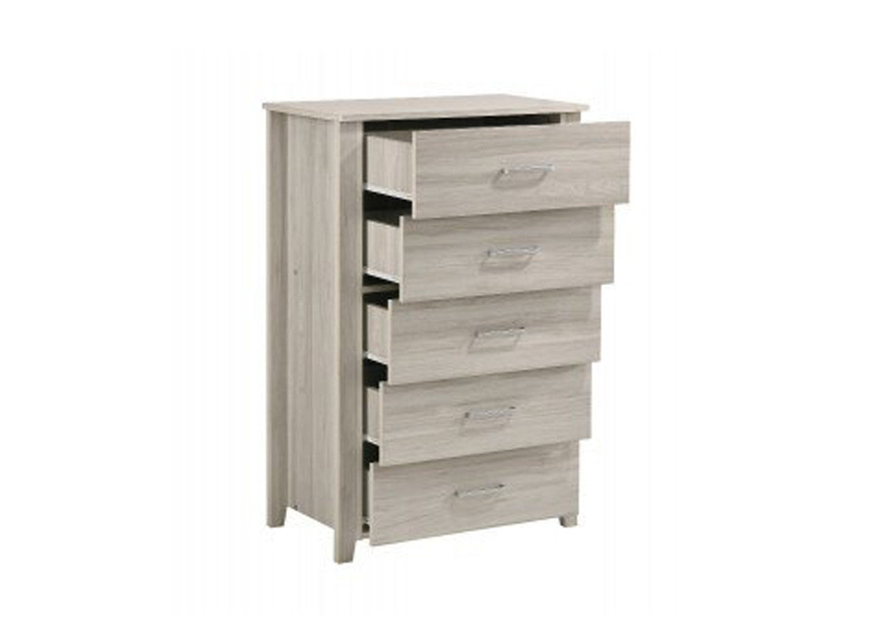HILTON 5 DRAWER LAMINATED TALLBOY - 1100(H) x 700(W) - WHITE WASHED