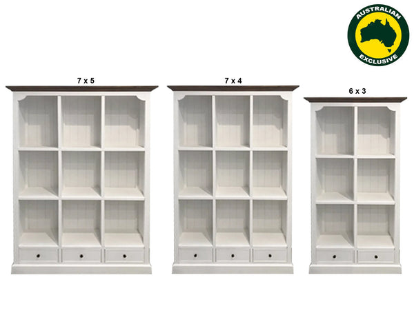 HAMPTONS (AUSSIE MADE) CUBE BOOKCASE WITH DRAWERS COLLECTION - ASSORTED PAINTED / STAINED COLOURS