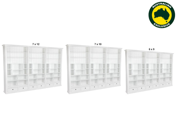 HERALDY (AUSSIE MADE) HIGHLINE WITH 36 SHELVES / 6 DRAWERS - (4 SECTION) PIGEON PAIRED BOOKCASE COLLECTION - ASSORTED STAINED COLOURS