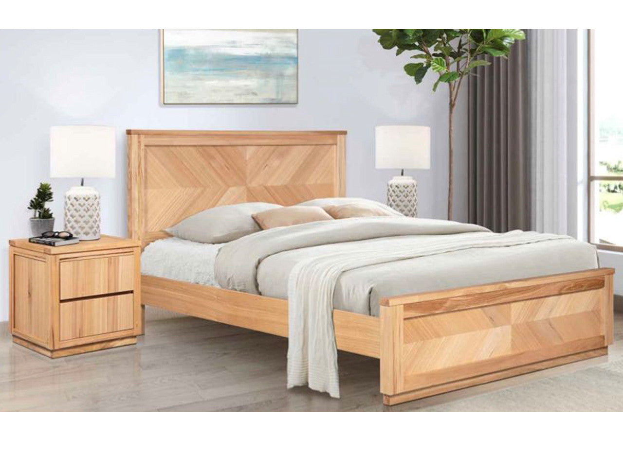 HIGHLAND QUEEN 3 PIECE BEDSIDE BEDROOM SUITE - NATURAL WITH A CLEAR LACQUER FINISH