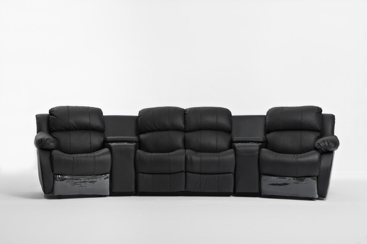 NIKKI 4 SEATER 100% LEATHER/ETTE COMBINATION HOME THEATRE ENTERTAINMENT LOUNGE SUITE WITH 4 RECLINERS - BLACK
