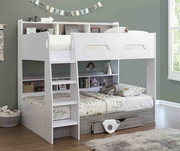 SINGLE OVER SINGLE CASTEL BUNK BED WITH SHELVES & DRAWERS - WHITE WITH GREYWASH