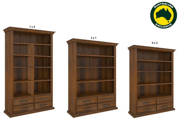 JAMAICA (AUSSIE MADE) BOOKCASE WITH 4 DRAWERS AND SHELVES COLLECTION - ASSORTED STAINED COLOURS