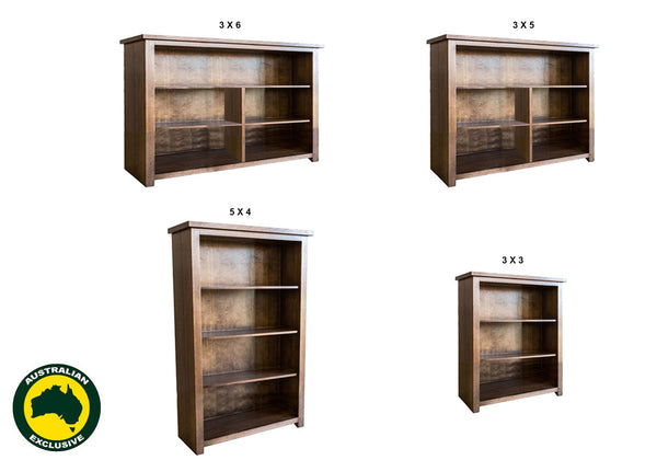 JACKIE (AUSSIE MADE) LOWLINE BOOKCASE COLLECTION - TASMANIA OAK COMBINATION - ASSORTED STAINED COLOURS