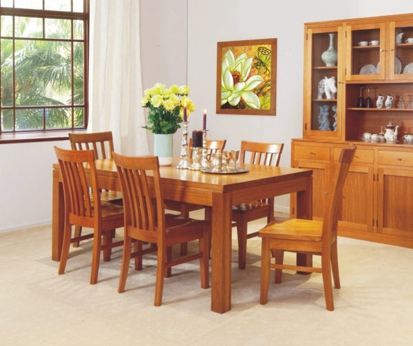 JOE 7 PIECE DINING SETTING WITH GROOVE TOP - TASSIE OAK - 1800(L) X 1000(W) - CHOICE OF COLOURS