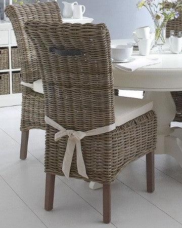 DELAN RATTAN / HARDWOOD DINING CHAIR WITH TIE-ON CUSHION - GREY