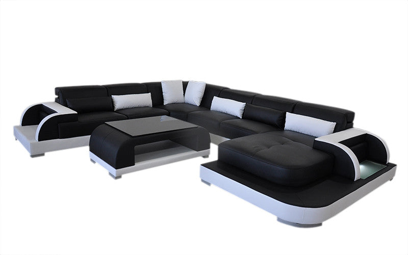 GANDILL (L6012) CORNER CHAISE LOUNGE SUITE WITH COFFEE TABLE AND SMALL CUSHIONS - BLACK / WHITE