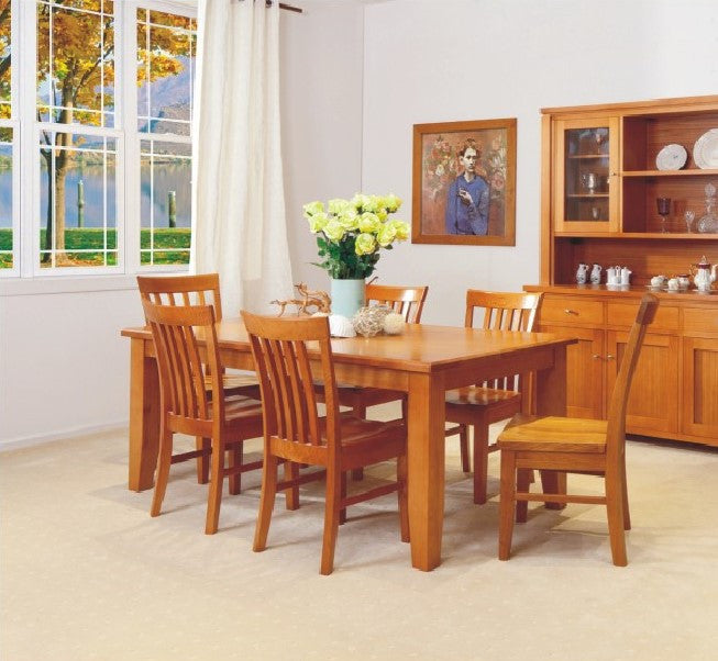 SHELDON (AUSSIE MADE) 9 PIECE DINING SETTING WITH TAPERED LEGS WITH 8 DINING CHAIRS (NOT AS PICTURED) - TASSIE OAK - 2100(W) X 1000(D) - ASSORTED COLOURS