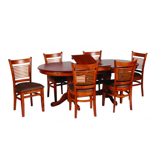 LOTUS 7 PIECE EXTENSION DINING SETTING (LOT PD 15 19 7PA) WITH SINGLE PEDESTAL BASE - ANITIQUE OAK / MOCHA SEAT PADS