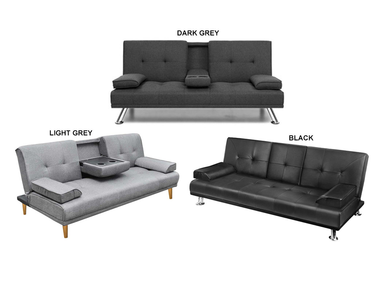 LENNY 3 SEATER FABRIC CLICK CLACK SOFA BED WITH CUP HOLDER - ASSORTED COLOURS
