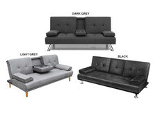 LENNY 3 SEATER FABRIC CLICK CLACK SOFA BED WITH CUP HOLDER - ASSORTED COLOURS
