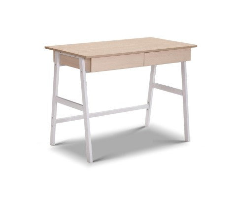 DECKO COMPUTER DESK WITH 2 DRAWERS - 1000(W) x 550(D) - WHITE METAL / OAK TOP