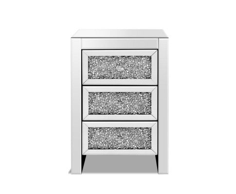 MIYUKI 3 DRAWER MIRRORED BEDSIDE TABLE - SILVER