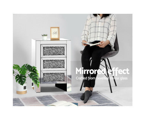 MIYUKI 3 DRAWER MIRRORED BEDSIDE TABLE - SILVER