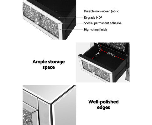 MIYUKI 3 DRAWER MIRRORED BEDSIDE TABLE - SILVER
