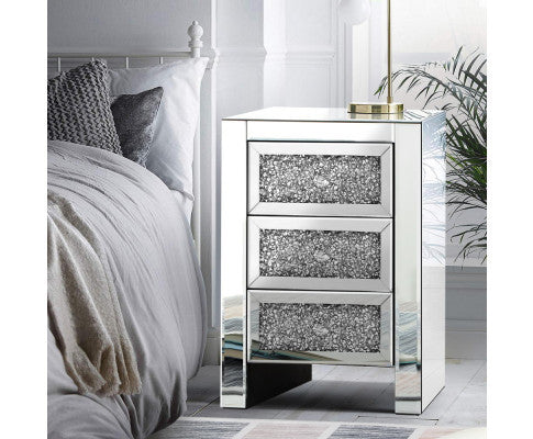 MIYUKI 3 DRAWER MIRRORED BEDSIDE TABLE - SILVER