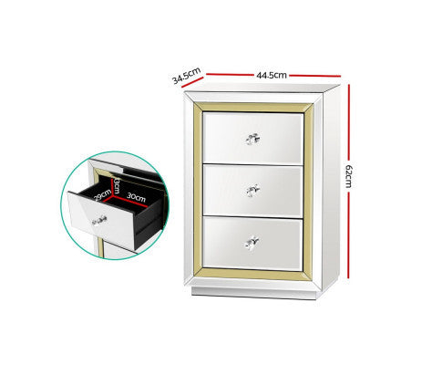 JEPERSON 3 DRAWER MIRRORED BEDSIDE TABLE - SILVER & GOLD