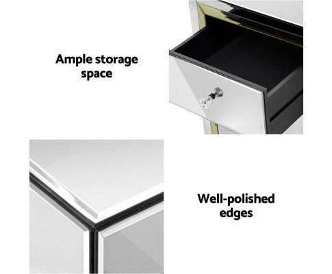 JEPERSON 3 DRAWER MIRRORED BEDSIDE TABLE - SILVER & GOLD