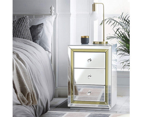 JEPERSON 3 DRAWER MIRRORED BEDSIDE TABLE - SILVER & GOLD