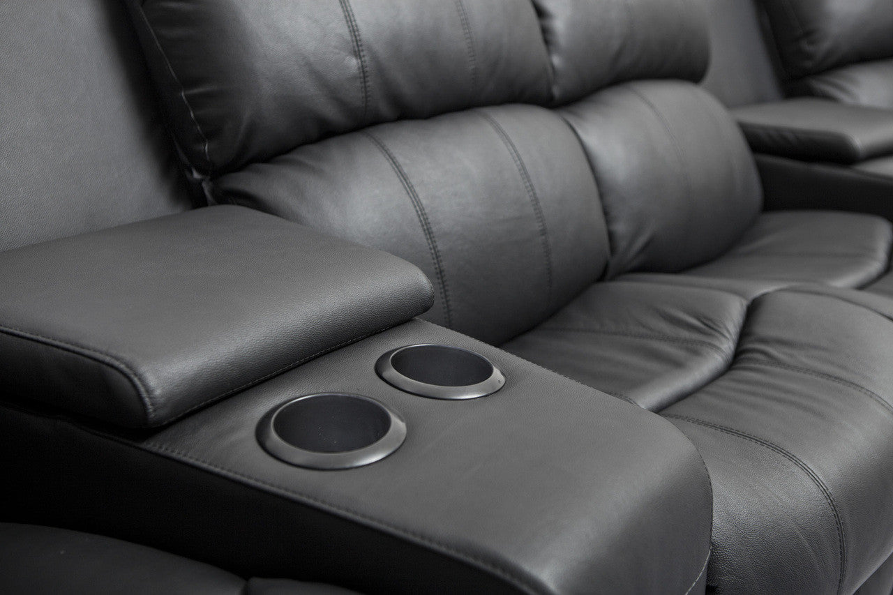 NIKKI 4 SEATER 100% LEATHER/ETTE COMBINATION HOME THEATRE ENTERTAINMENT LOUNGE SUITE WITH 4 RECLINERS - BLACK