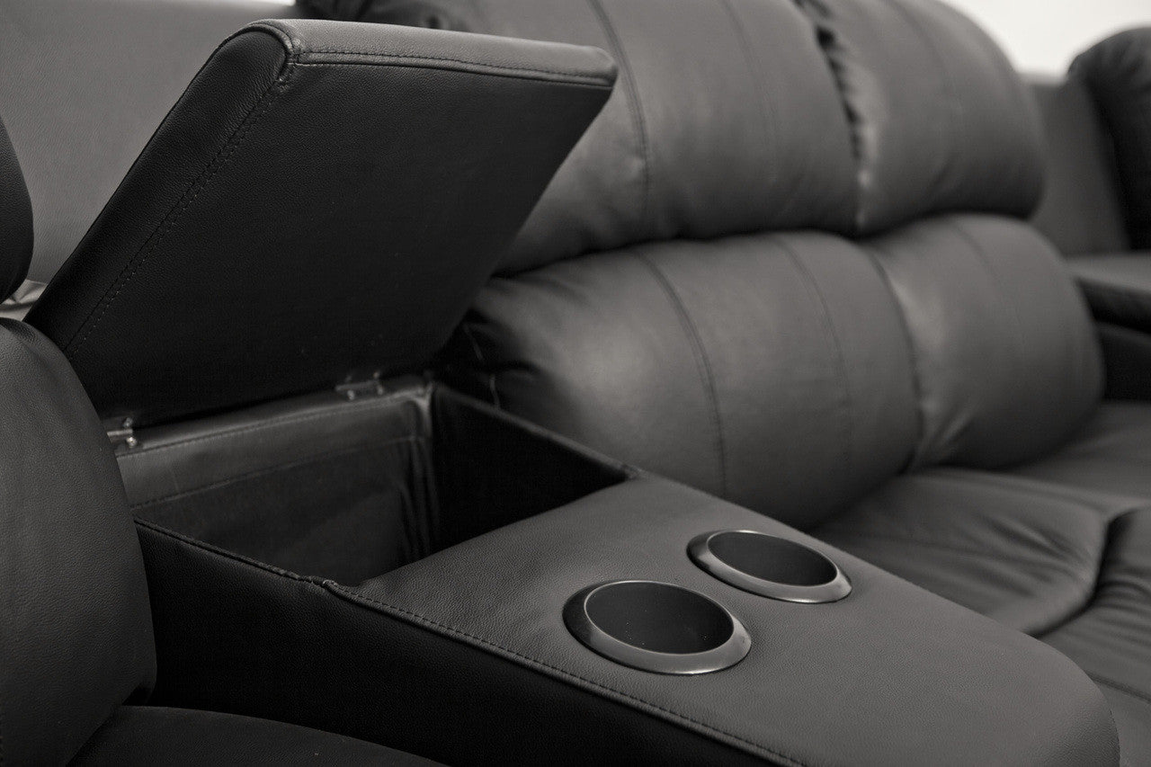 NIKKI 4 SEATER 100% LEATHER/ETTE COMBINATION HOME THEATRE ENTERTAINMENT LOUNGE SUITE WITH 4 RECLINERS - BLACK