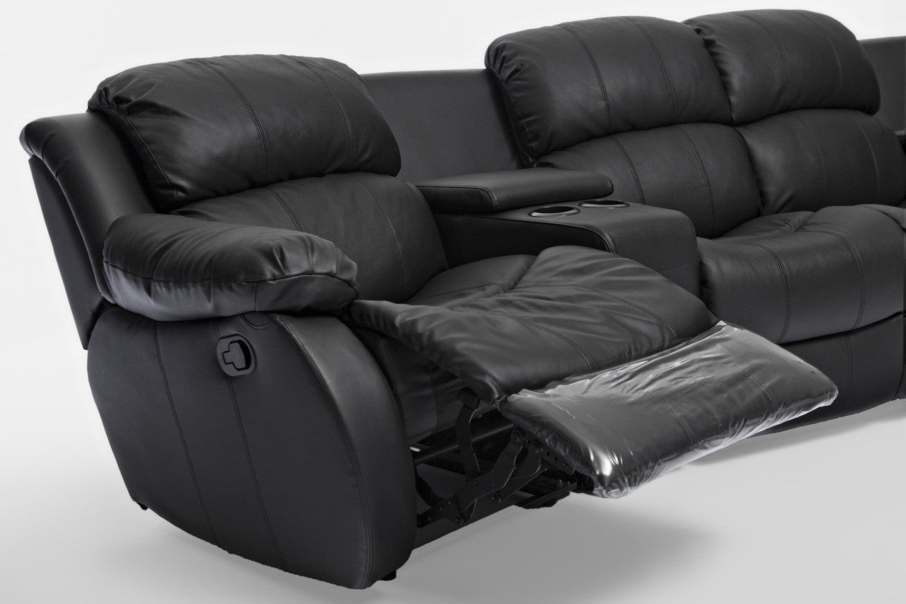NIKKI 4 SEATER 100% LEATHER/ETTE COMBINATION HOME THEATRE ENTERTAINMENT LOUNGE SUITE WITH 4 RECLINERS - BLACK