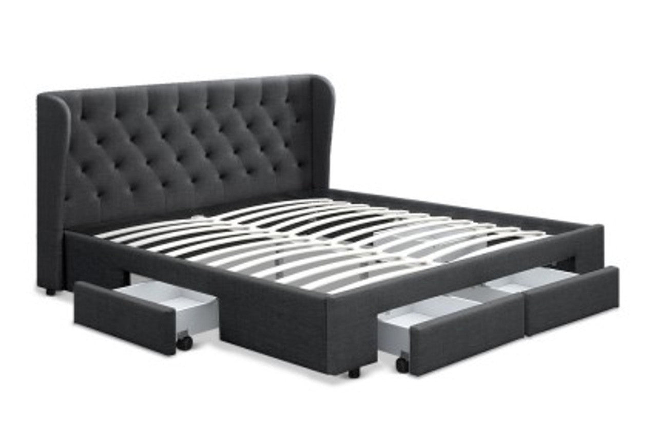 KING MILA FABRIC BED FRAME WITH 4 STORAGE DRAWERS - CHARCOAL