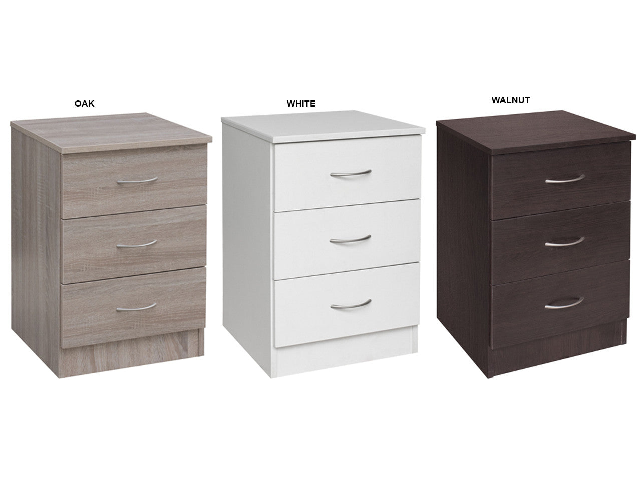 MISSION 3 DRAWER BEDSIDE - WHITE, WALNUT OR OAK