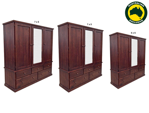 MONTANA (AUSSIE MADE) WARDROBE 3 DOOR / 5 DRAWER WITH T&G BACKING COLLECTION - ASSORTED STAINED COLOURS
