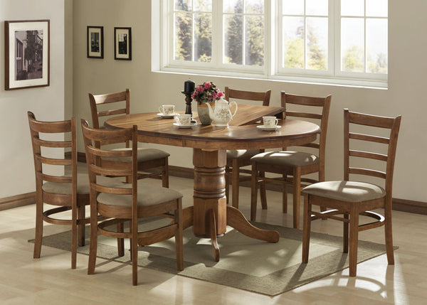 JAGUAR 7 PIECE ROUND EXTENSION SINGLE PEDESTAL DINING SETTING WITH TIMBER SEAT OR VELVET PADDED SEAT - 1060/1460(L) - ANTIQUE OAK (AS PICTURED) OR WENGE