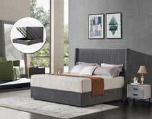 QUEEN KENSINGTON LEATHERETTE / LINEN / VELVET GAS LIFT BED - ASSORTED COLOURS