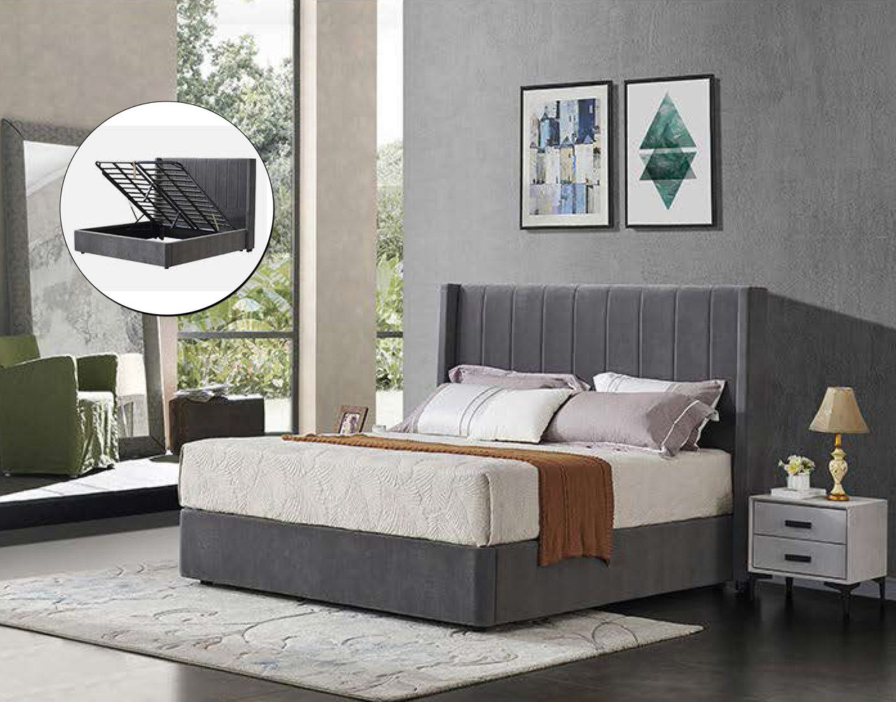 SINGLE KENSINGTON LEATHERETTE / LINEN / VELVET GAS LIFT BED  - ASSORTED COLOURS