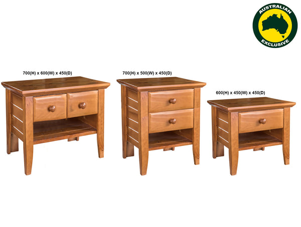 MANILLA (AUSSIE MADE) BEDSIDE WITH 1 SHELF COLLECTION - ASSORTED STAINED COLOURS