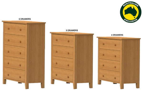 MANILLA (AUSSIE MADE) TALLBOY WITH FLUSH INTENAL DRAWERS COLLECTION - TASSIE OAK COMBINATION - ASSORTED STAINED COLOURS