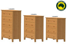 MANILLA (AUSSIE MADE) TALLBOY WITH FLUSH INTENAL DRAWERS COLLECTION - TASSIE OAK COMBINATION - ASSORTED STAINED COLOURS - STARTING FROM $1399