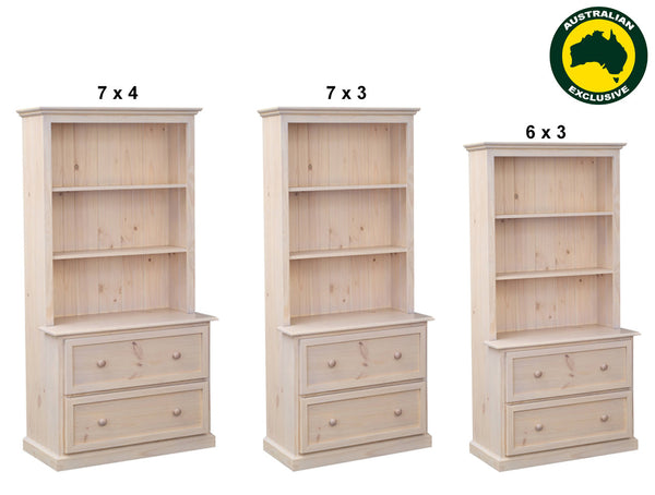 MELISSA (AUSSIE MADE) BOOKCASE COMBO WITH 2 DEEP BLANKETS DRAWERS COLLECTION - ASSORTED RAW OR STAINED COLOURS