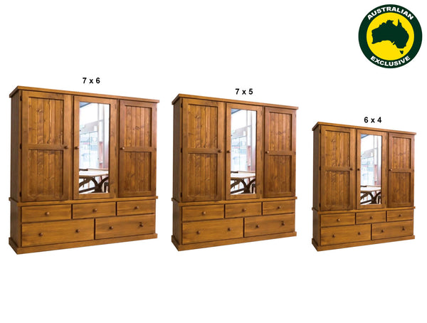 URBAN (AUSSIE MADE) FLAT TOP WARDROBE WITH 3 DOORS & 5 DRAWERS COLLECTION - ASSORTED STAINED COLOURS