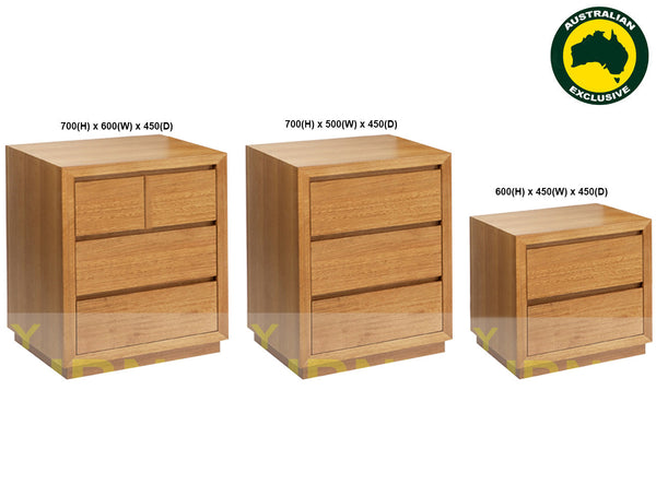 MORGAN (AUSSIE MADE) BEDSIDE TABLE WITH FLOATING BASE COLLECTION - TASSIE OAK COMBINATION - ASSORTED STAINED COLOURS