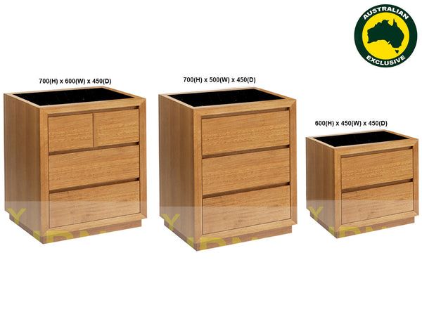 MORGAN (AUSSIE MADE) MARBLE TOP BEDSIDE TABLE WITH FLOATING BASE COLLECTION - TASSIE OAK COMBINATION - ASSORTED STAINED / MARBLE COLOURS