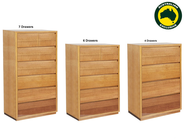 MORGAN (AUSSIE MADE) TALLBOY WITH FLOATING BASE COLLECTION - TASSIE OAK COMBINATION - ASSORTED STAINED COLOURS