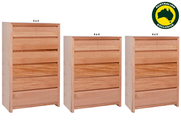 MORGAN (AUSSIE MADE) TALLBOY WITH LEG BASE COLLECTION - TASSIE OAK COMBINATION - ASSORTED STAINED COLOURS