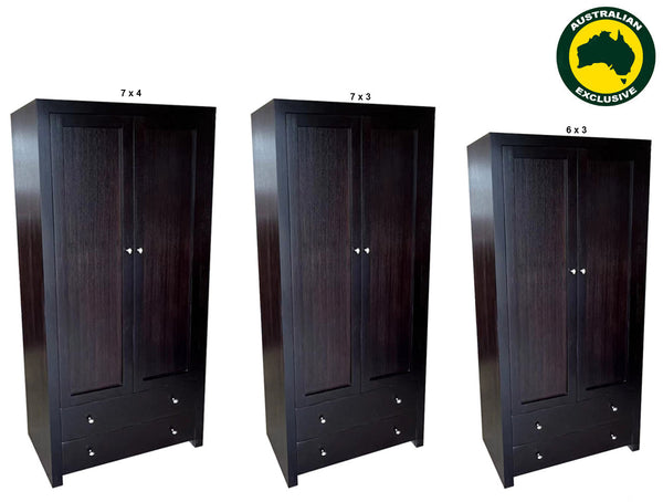 MORGAN (AUSSIE MADE) 2 DOOR / 2 DRAWER COMBO WARDROBE WITH HANDLES HALF / HALF COLLECTION - TASSIE OAK COMBINATION - ASSORTED STAINED COLOURS
