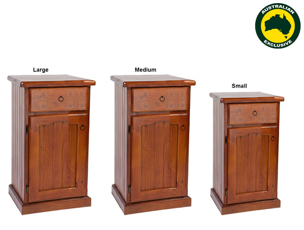MUDGEE (AUSSIE MADE) THICK TOP - 1 DOOR / 1 DRAWER BEDSIDE TABLE COLLECTION - ASSORTED STAINED COLOURS